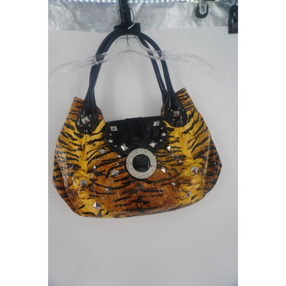 Charm and Luck Tiger Print Leather Satchel Studded Rhinestone Ring Buckle Purse